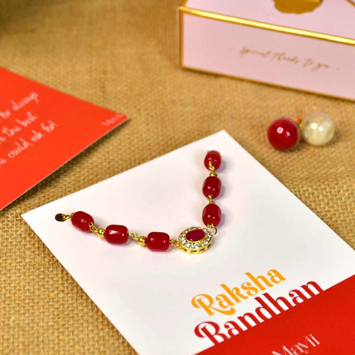 Sowpeace Exquisite Red Beads Rakhi Pack of 1 with Roli Chawal and Greeting card combo for Raksha Bandhan and Gifting - Sowpeace - 