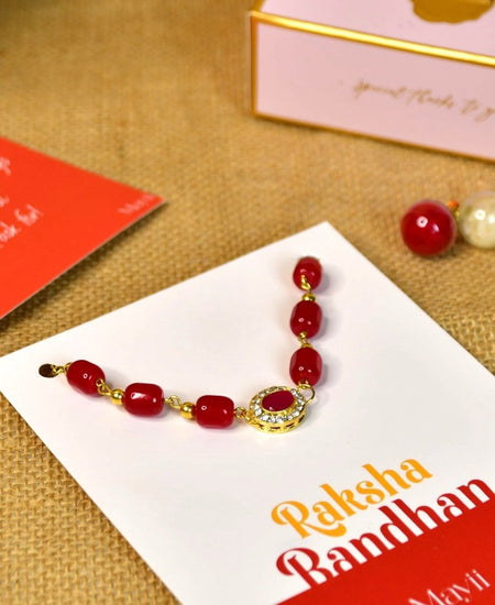 Sowpeace Exquisite Red Beads Rakhi Pack of 1 with Roli Chawal and Greeting card combo for Raksha Bandhan and Gifting