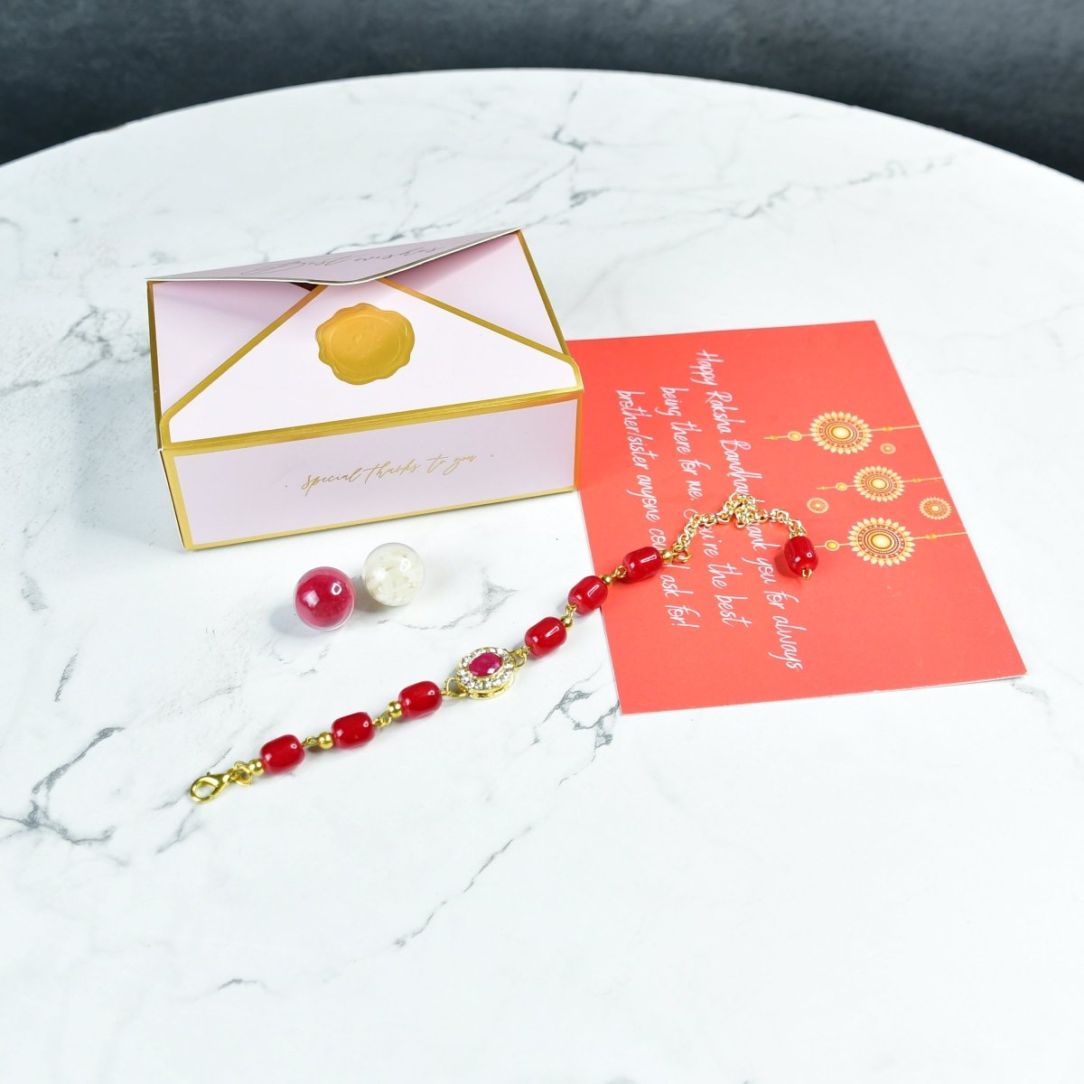 Sowpeace Exquisite Red Beads Rakhi Pack of 1 with Roli Chawal and Greeting card combo for Raksha Bandhan and Gifting