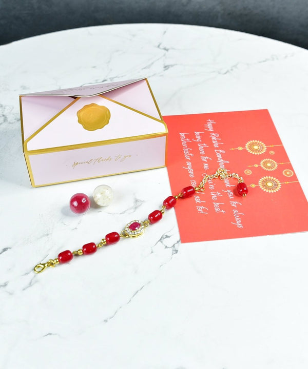 Sowpeace Exquisite Red Beads Rakhi Pack of 1 with Roli Chawal and Greeting card combo for Raksha Bandhan and Gifting — main view