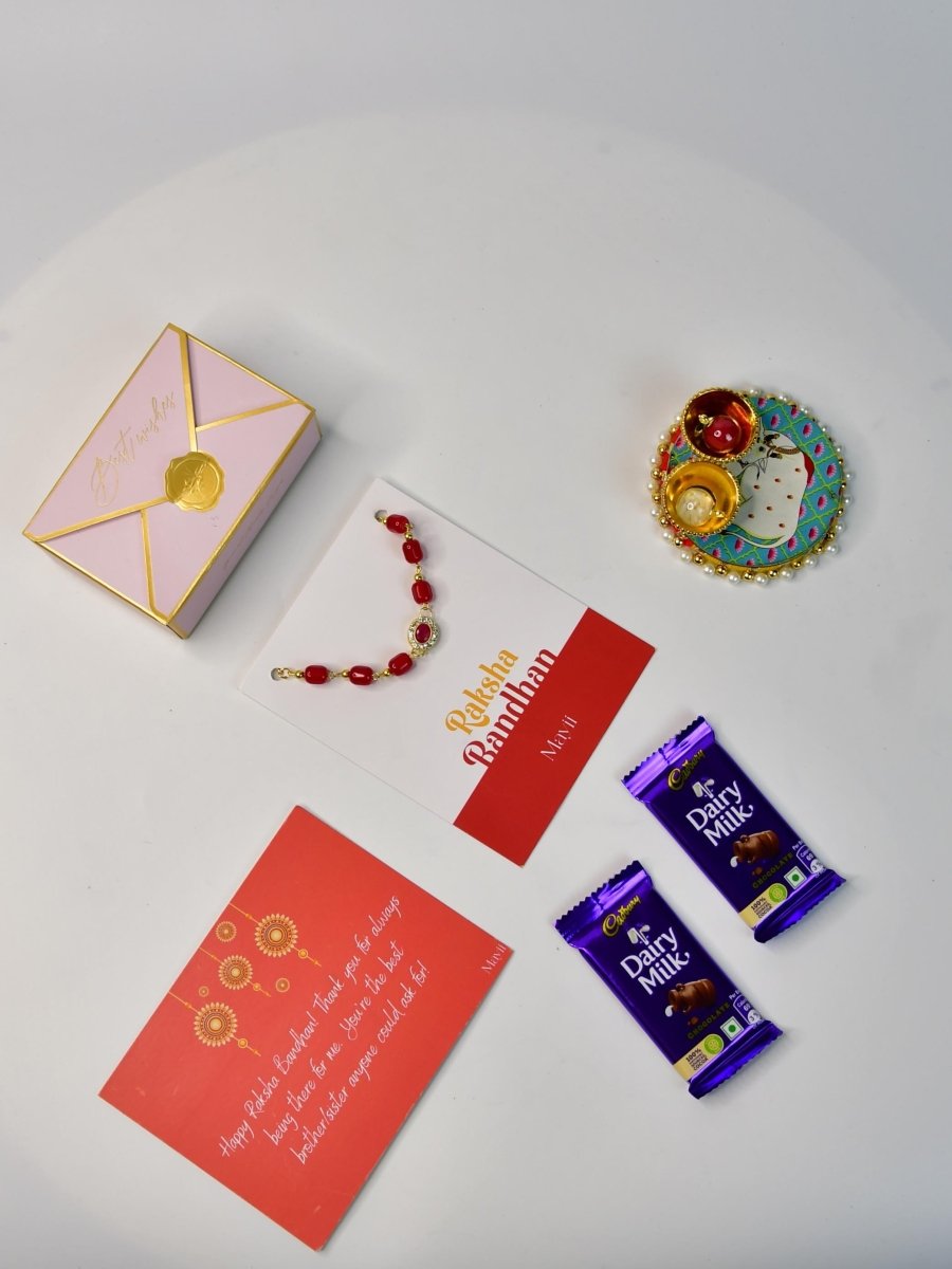 Sowpeace Exquisite Red Beads Rakhi Pack of 1 with Roli Chawal Thali, Chocolates, and Greeting card combo for Raksha Bandhan and Gifting