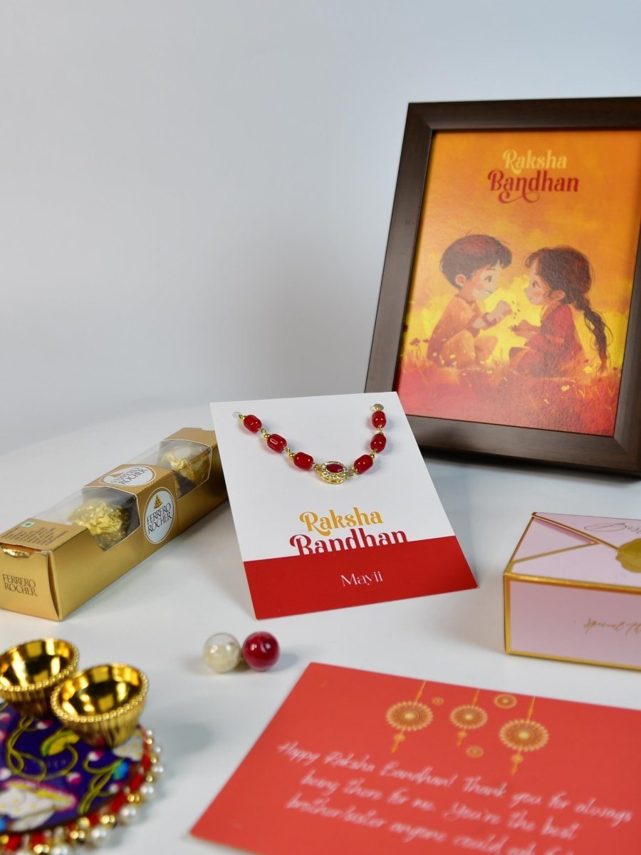 Sowpeace Exquisite Red Beads Rakhi Pack of 1 with Roli Chawal Thali, Chocolates, Photo Frame and Greeting card combo for Raksha Bandhan and Gifting - Rakhi - Sowpeace - Default Title - RAK - REDBD - HND - P6 - Sowpeace