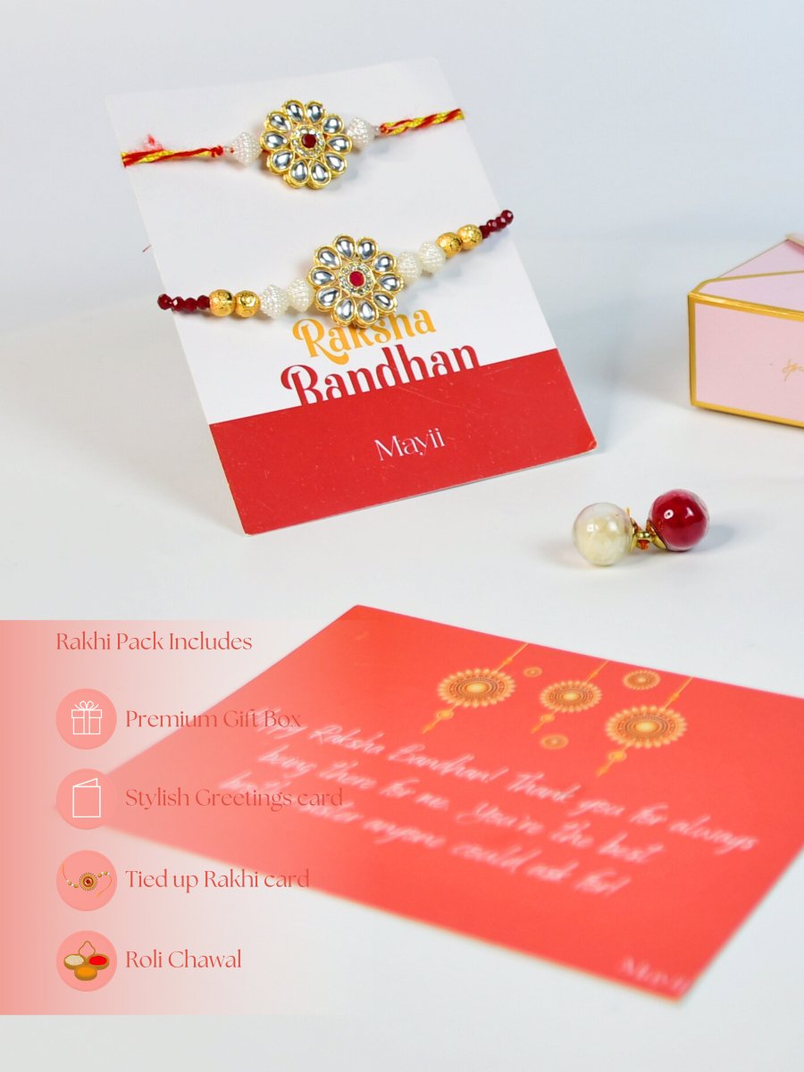 Sowpeace Exquisite Red Centre Flower Rakhi Pack of 1 with Roli Chawal and Greeting card combo for Raksha Bandhan and Gifting - Rakhi - Sowpeace - Sowpeace Exquisite Red Centre Flower Rakhi Pack of 1 with Roli Chawal and Greeting card combo for Raksha Bandhan and Gifting - RAK - CRFL - HND - P1 - Sowpeace