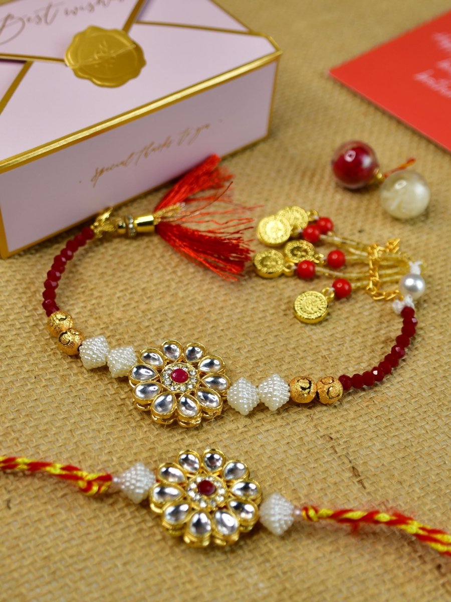 Sowpeace Exquisite Red Centre Flower Rakhi Pack of 1 with Roli Chawal and Greeting card combo for Raksha Bandhan and Gifting