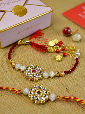 Sowpeace Exquisite Red Centre Flower Rakhi Pack of 1 with Roli Chawal and Greeting card combo for Raksha Bandhan and Gifting - Rakhi - Sowpeace - Default Title - RAK - CRFL - HND - P1 - Sowpeace