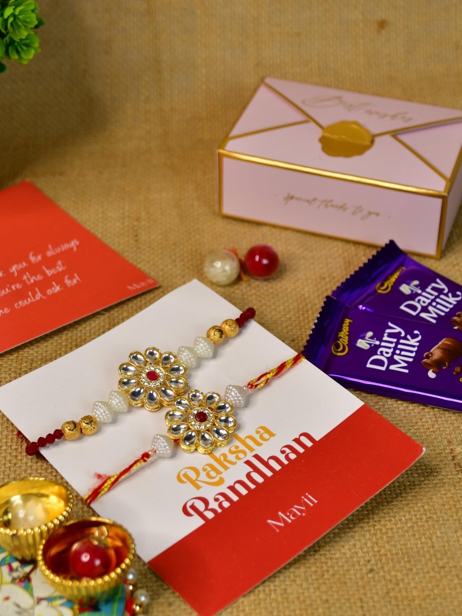 Sowpeace Exquisite Red Centre Flower Rakhi Pack of 1 with Roli Chawal Thali, Chocolates, and Greeting card combo for Raksha Bandhan and Gifting - Rakhi - Sowpeace - Default Title - RAK - CRFL - HND - P3 - Sowpeace