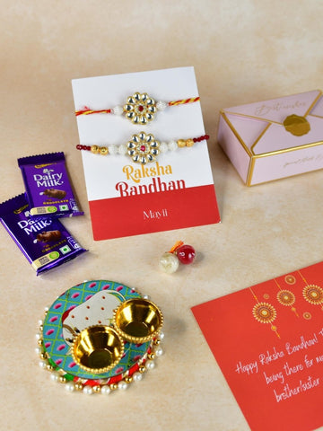 Sowpeace Exquisite Red Centre Flower Rakhi Pack of 1 with Roli Chawal Thali, Chocolates, and Greeting card combo for Raksha Bandhan and Gifting - Rakhi - Sowpeace - Default Title - RAK - CRFL - HND - P3 - Sowpeace