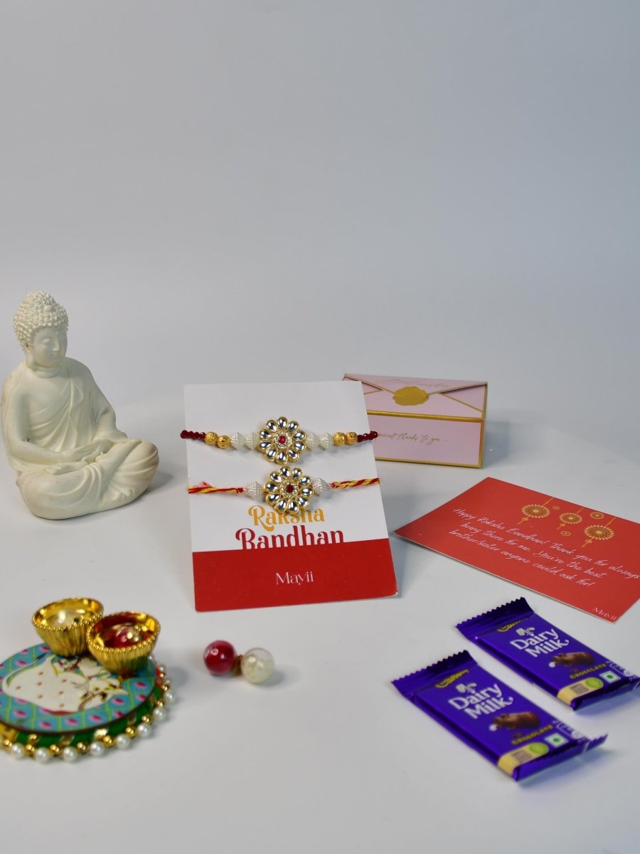 Sowpeace Exquisite Red Centre Flower Rakhi Pack of 1 with Roli Chawal Thali, Chocolates, Buddha and Greeting card combo for Raksha Bandhan and Gifting - Rakhi - Sowpeace - Default Title - RAK - CRFL - HND - P4 - Sowpeace