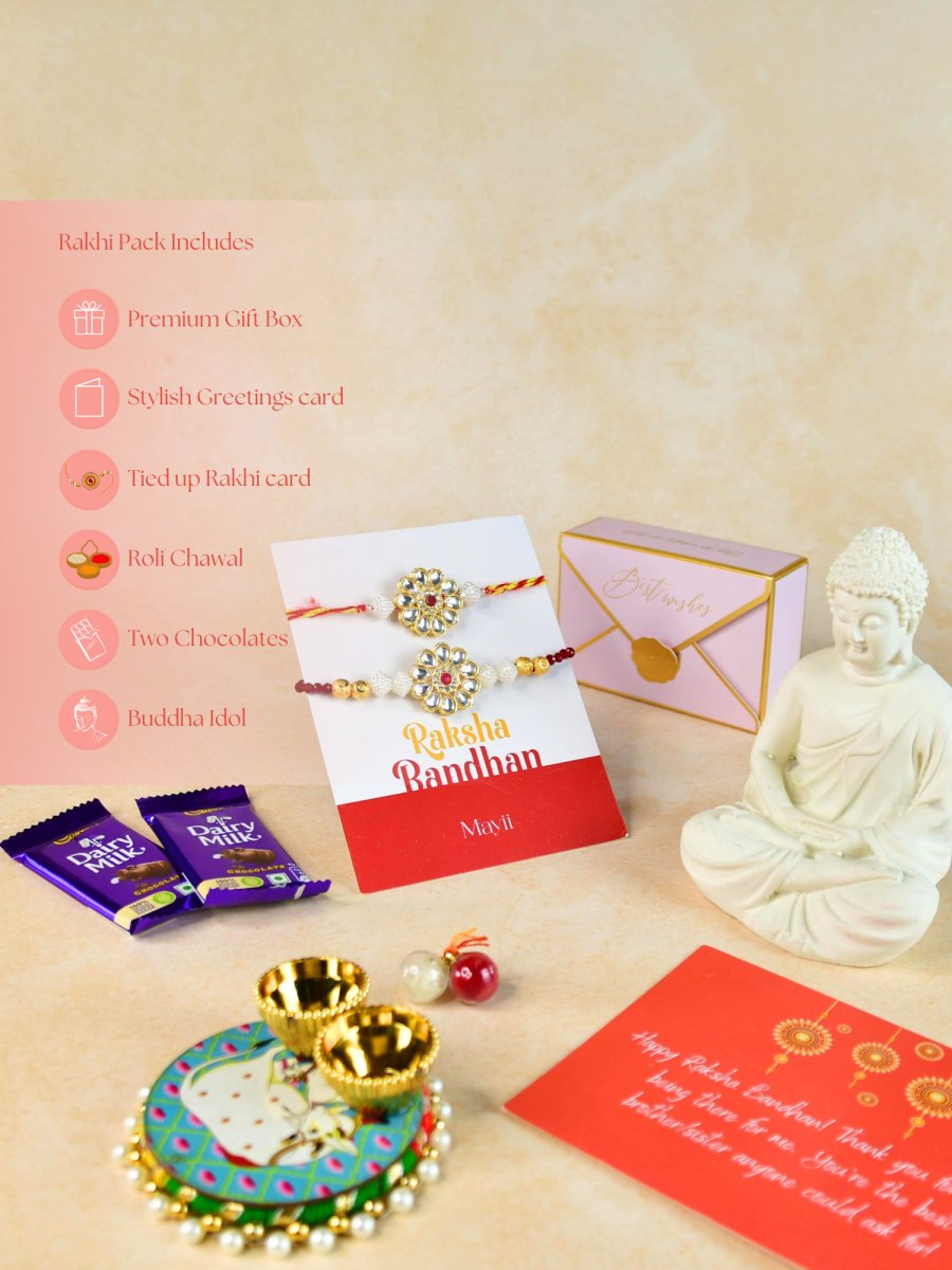 Sowpeace Exquisite Red Centre Flower Rakhi Pack of 1 with Roli Chawal Thali, Chocolates, Buddha and Greeting card combo for Raksha Bandhan and Gifting - Rakhi - Sowpeace - Sowpeace Exquisite Red Centre Flower Rakhi Pack of 1 with Roli Chawal Thali, Chocolates, Buddha and Greeting card combo for Raksha Bandhan and Gifting - RAK - CRFL - HND - P4 - Sowpeace