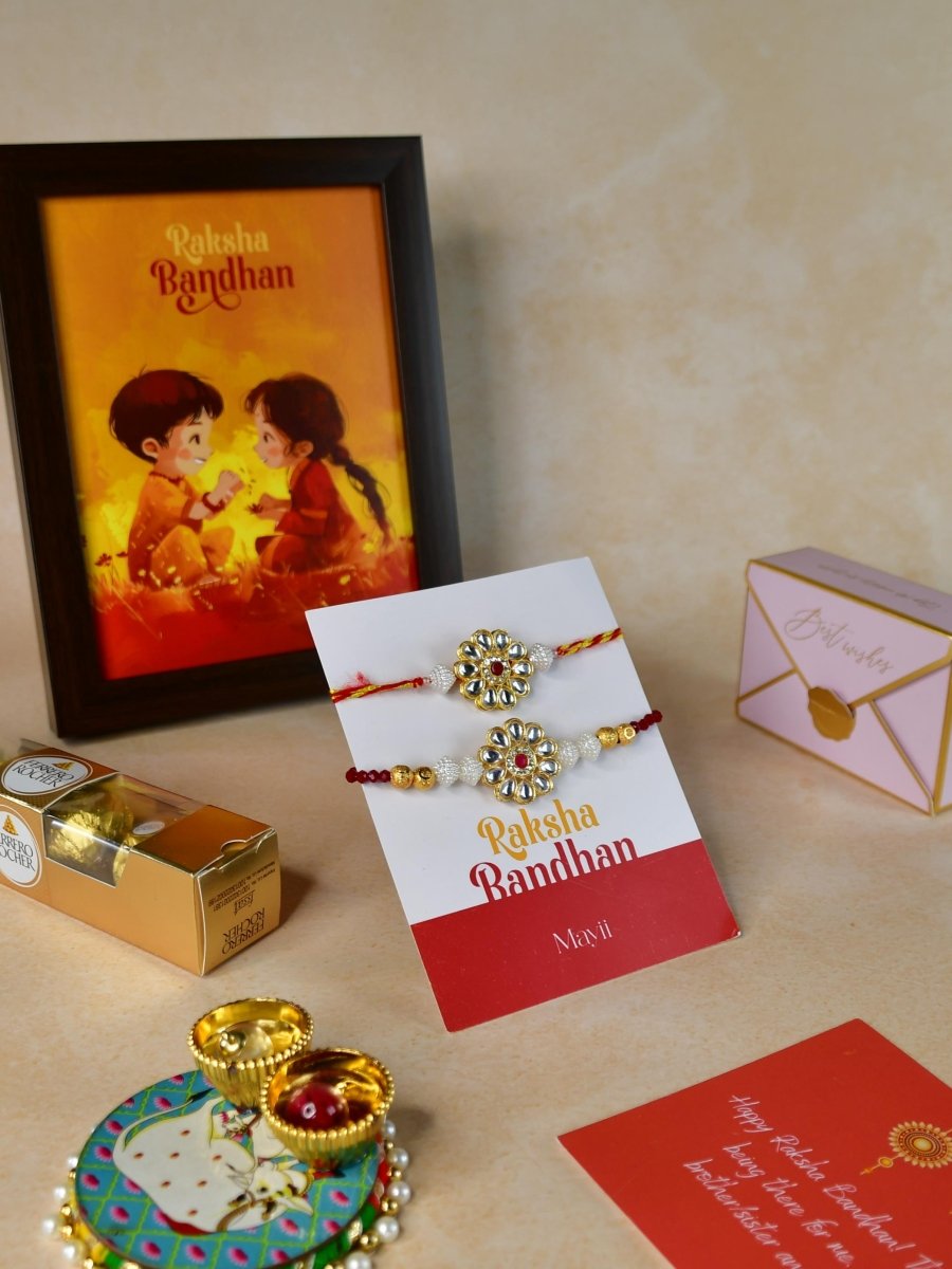 Sowpeace Exquisite Red Centre Flower Rakhi Pack of 1 with Roli Chawal Thali, Chocolates, Photo Frame and Greeting card combo for Raksha Bandhan and Gifting - Rakhi - Sowpeace - Default Title - RAK - CRFL - HND - P6 - Sowpeace