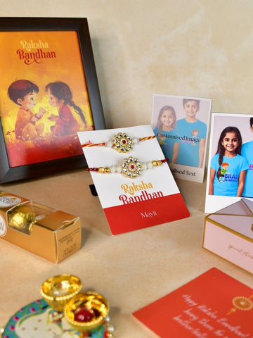 Sowpeace Exquisite Red Centre Flower Rakhi Pack of 1 with Roli Chawal Thali, Chocolates, Photo Frame, Poloroids and Greeting card combo for Raksha Bandhan and Gifting - Rakhi - Sowpeace - Default Title - RAK - CRFL - HND - P7 - Sowpeace