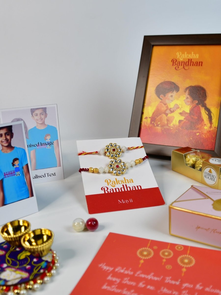 Sowpeace Exquisite Red Centre Flower Rakhi Pack of 1 with Roli Chawal Thali, Chocolates, Photo Frame, Poloroids and Greeting card combo for Raksha Bandhan and Gifting