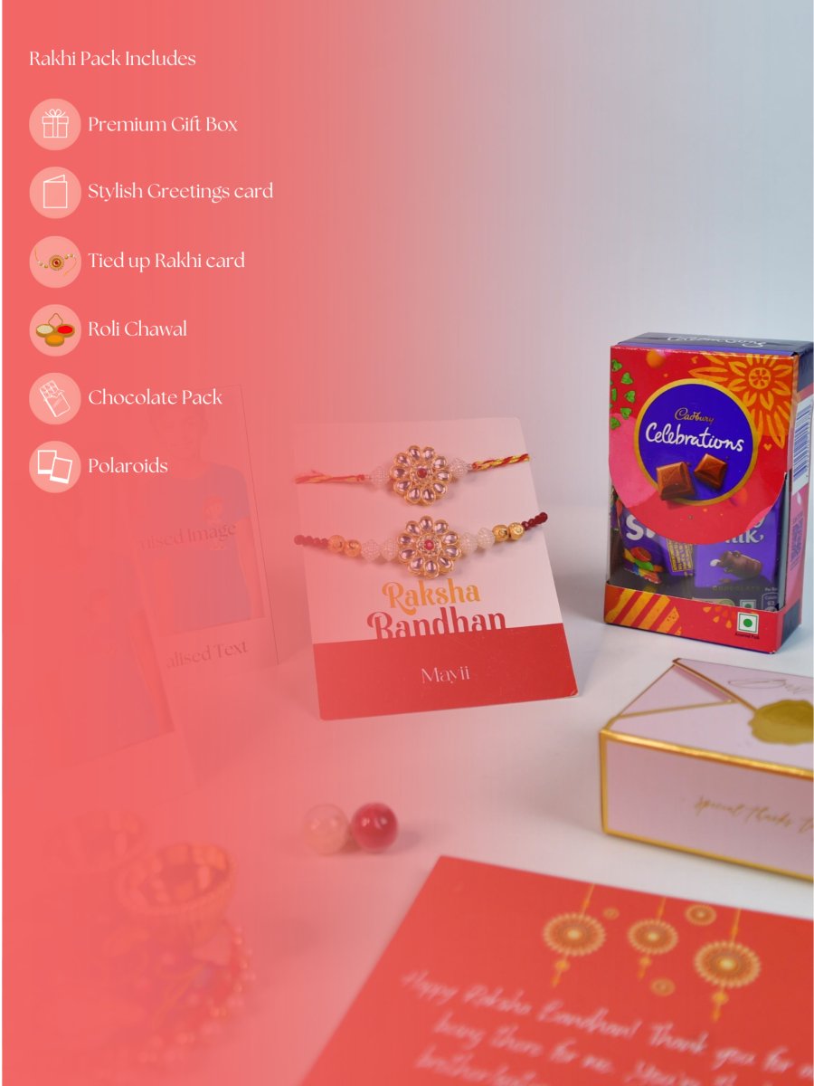 Sowpeace Exquisite Red Centre Flower Rakhi Pack of 1 with Roli Chawal Thali, Chocolates, Poloroids and Greeting card combo for Raksha Bandhan and Gifting