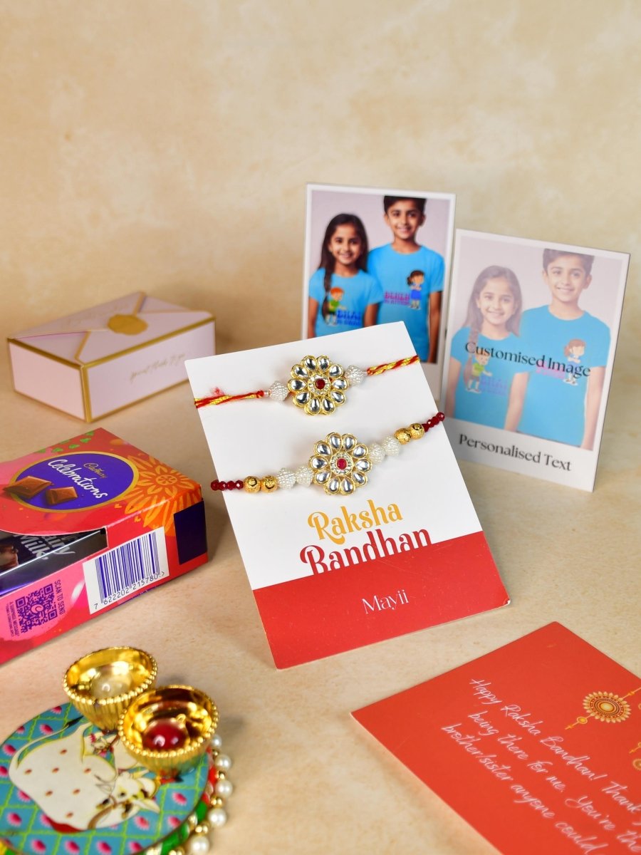 Sowpeace Exquisite Red Centre Flower Rakhi Pack of 1 with Roli Chawal Thali, Chocolates, Poloroids and Greeting card combo for Raksha Bandhan and Gifting