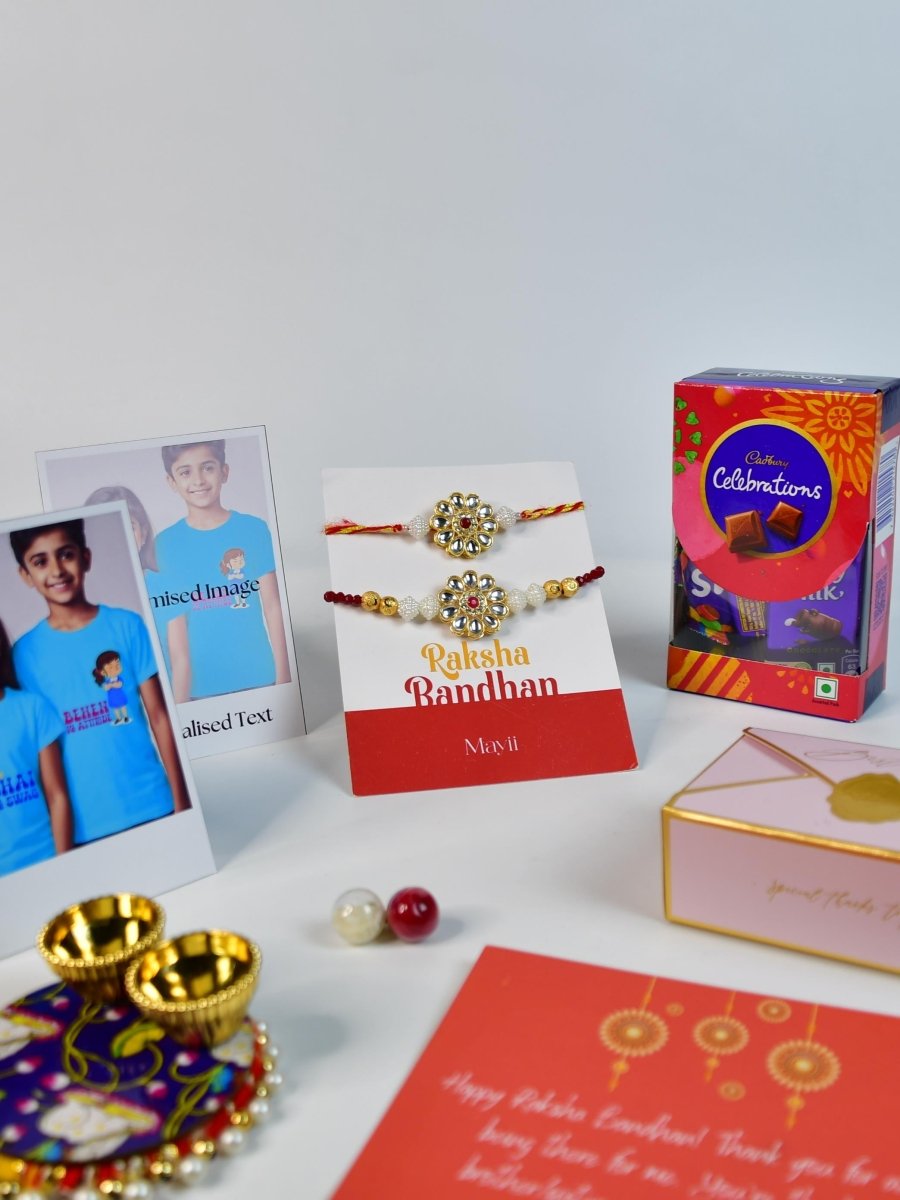 Sowpeace Exquisite Red Centre Flower Rakhi Pack of 1 with Roli Chawal Thali, Chocolates, Poloroids and Greeting card combo for Raksha Bandhan and Gifting