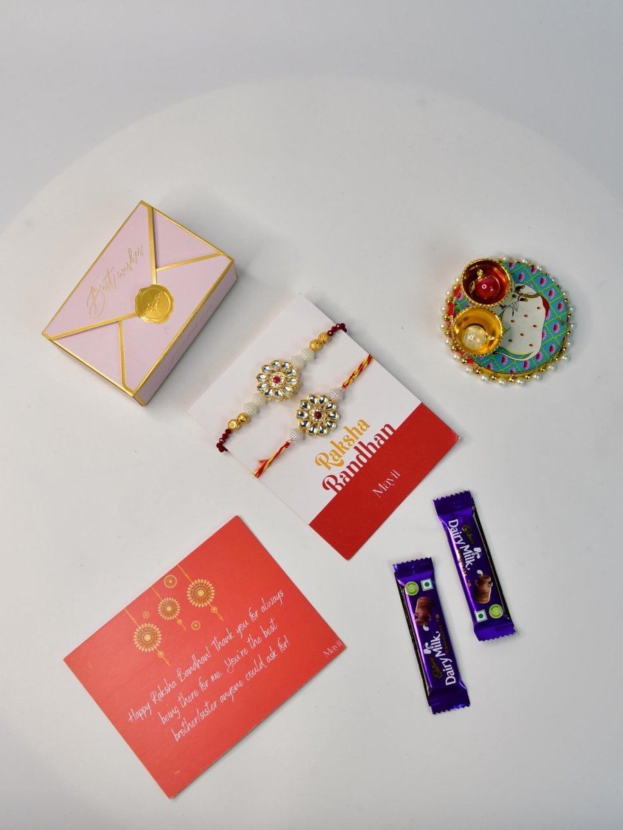 Sowpeace Exquisite Red Centre Flower Rakhi Pack of 1 with Roli Chawal Thali, two Chocolates, and Greeting card combo for Raksha Bandhan and Gifting