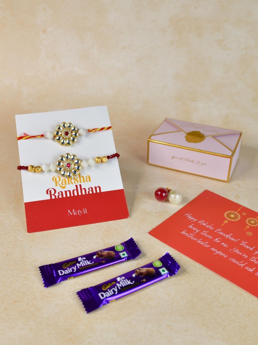 Sowpeace Exquisite Red Centre Flower Rakhi Pack of 1 with Roli Chawal Thali, two Chocolates, and Greeting card combo for Raksha Bandhan and Gifting - Rakhi - Sowpeace - Default Title - RAK - CRFL - HND - P2 - Sowpeace