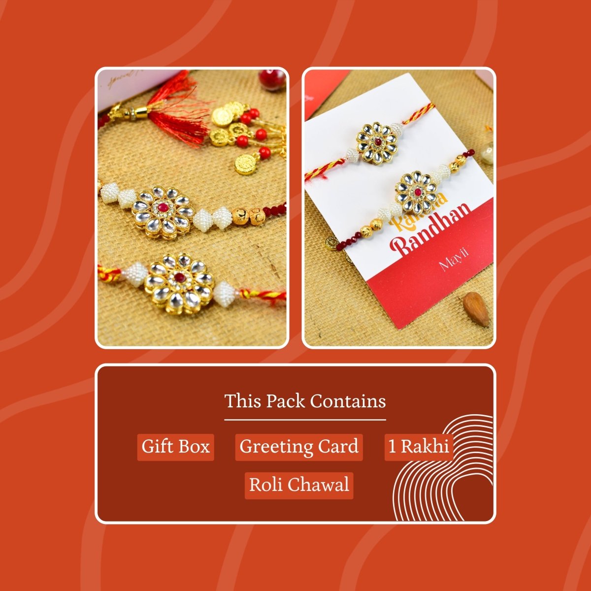 Sowpeace Exquisite Red Centre Flower Rakhi Pack of 2 with Roli Chawal and Greeting card combo for Raksha Bandhan and Gifting