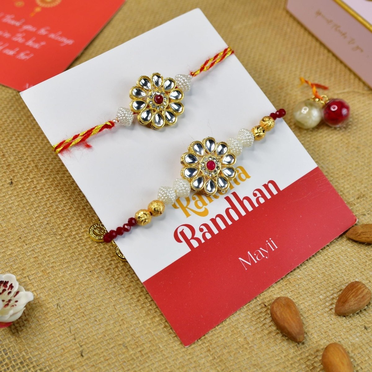 Sowpeace Exquisite Red Centre Flower Rakhi Pack of 2 with Roli Chawal and Greeting card combo for Raksha Bandhan and Gifting