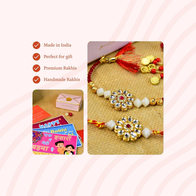 Sowpeace Exquisite Red Centre Flower Rakhi Pack of 2 with Roli Chawal and Greeting card combo for Raksha Bandhan and Gifting – view 9