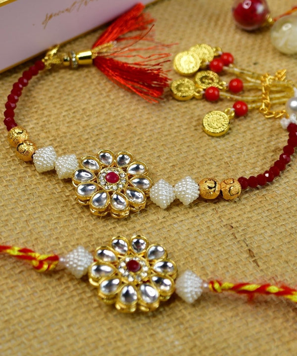 Sowpeace Exquisite Red Centre Flower Rakhi Pack of 2 with Roli Chawal and Greeting card combo for Raksha Bandhan and Gifting — image 10