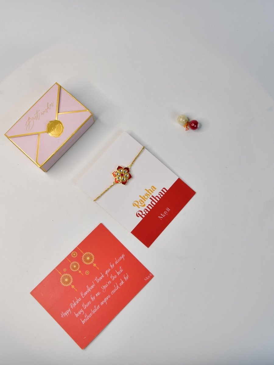 Sowpeace Exquisite Red Flower Rakhi Pack of 1 with Roli Chawal and Greeting card combo for Raksha Bandhan and Gifting