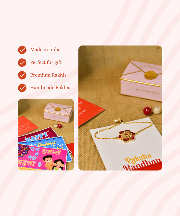 Sowpeace Exquisite Red Flower Rakhi Pack of 1 with Roli Chawal and Greeting card combo for Raksha Bandhan and Gifting — image 5