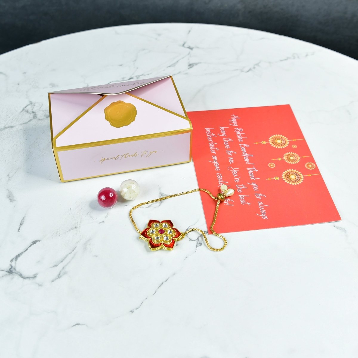 Sowpeace Exquisite Red Flower Rakhi Pack of 1 with Roli Chawal and Greeting card combo for Raksha Bandhan and Gifting - Sowpeace - 