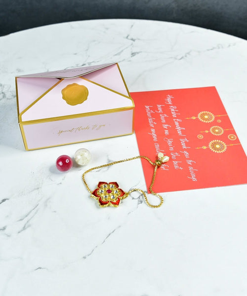 Sowpeace Exquisite Red Flower Rakhi Pack of 1 with Roli Chawal and Greeting card combo for Raksha Bandhan and Gifting