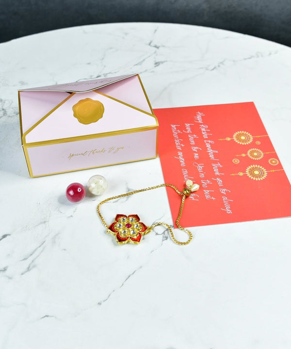 Sowpeace Exquisite Red Flower Rakhi Pack of 1 with Roli Chawal and Greeting card combo for Raksha Bandhan and Gifting — main view