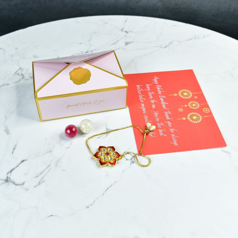 Sowpeace Exquisite Red Flower Rakhi Pack of 1 with Roli Chawal and Greeting card combo for Raksha Bandhan and Gifting – view 1