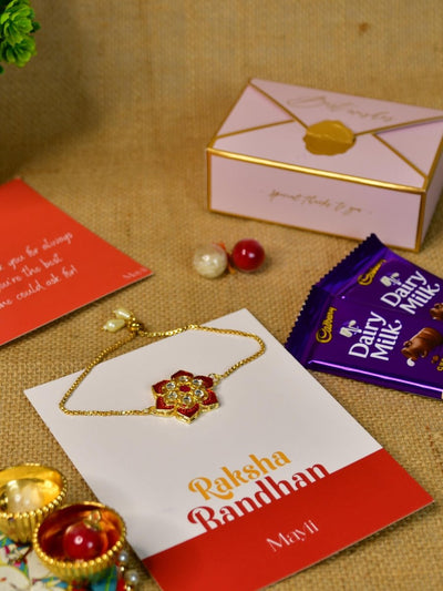 Sowpeace Exquisite Red Flower Rakhi Pack of 1 with Roli Chawal Thali, Chocolates, and Greeting card combo for Raksha Bandhan and Gifting