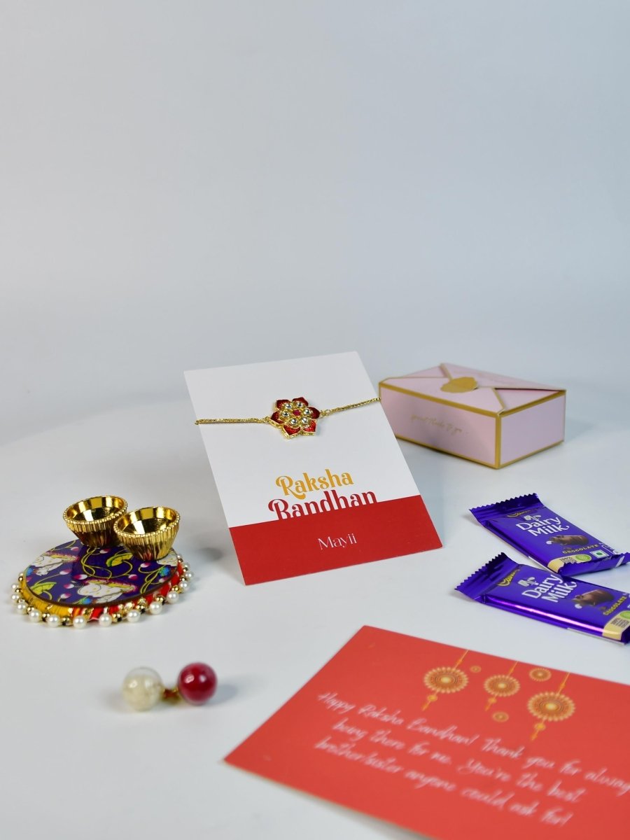 Sowpeace Exquisite Red Flower Rakhi Pack of 1 with Roli Chawal Thali, Chocolates, and Greeting card combo for Raksha Bandhan and Gifting