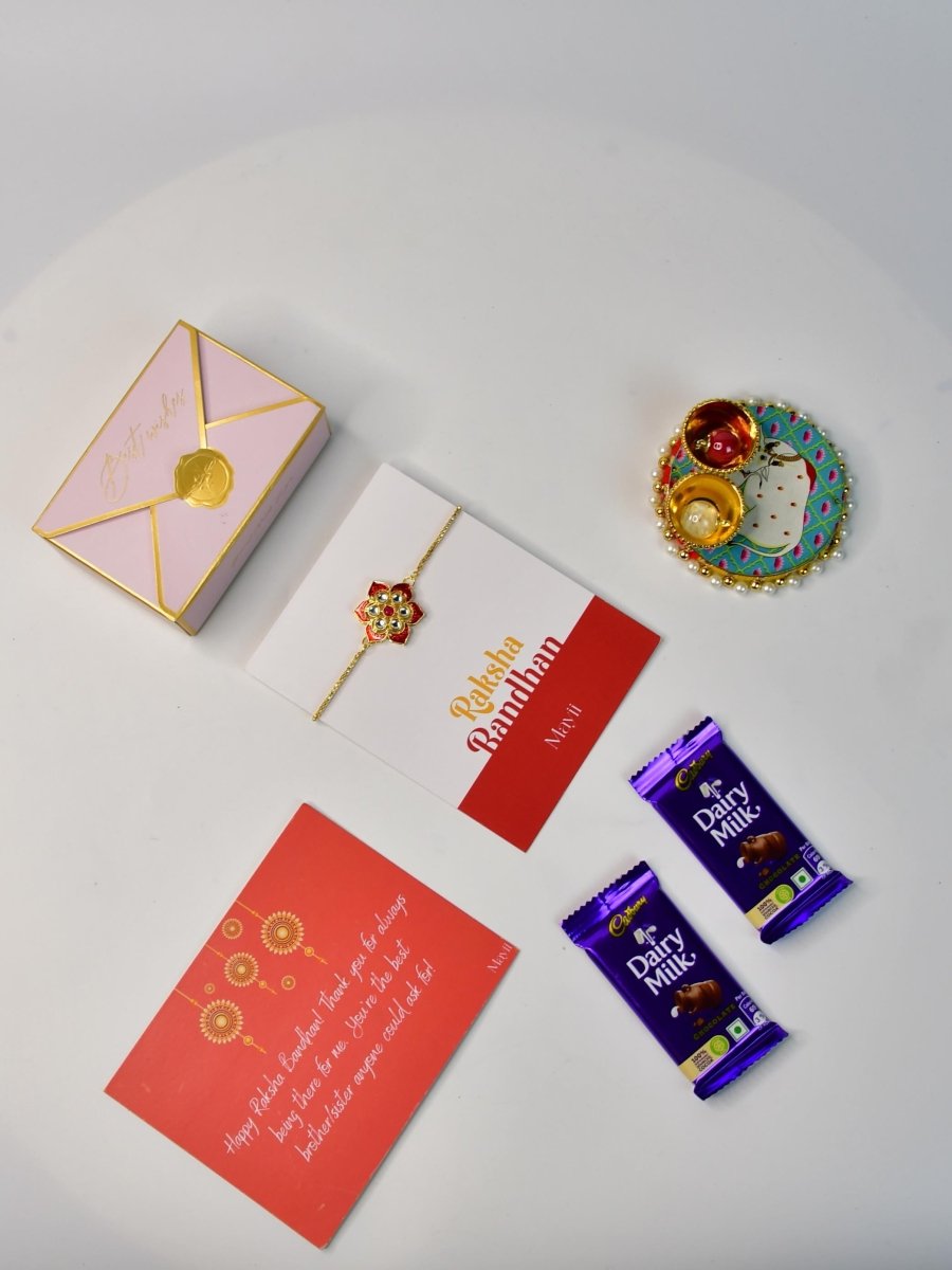 Sowpeace Exquisite Red Flower Rakhi Pack of 1 with Roli Chawal Thali, Chocolates, and Greeting card combo for Raksha Bandhan and Gifting