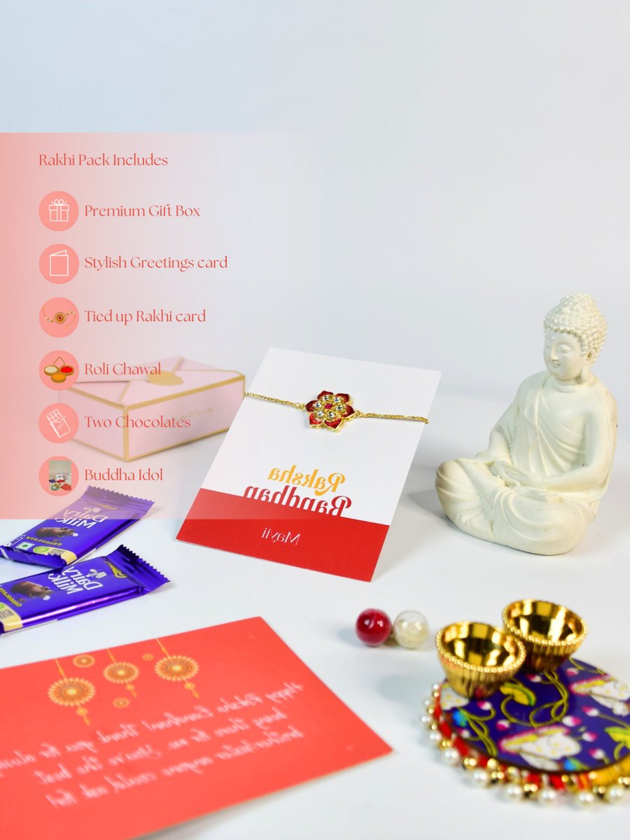 Sowpeace Exquisite Red Flower Rakhi Pack of 1 with Roli Chawal Thali, Chocolates, Buddha and Greeting card combo for Raksha Bandhan and Gifting