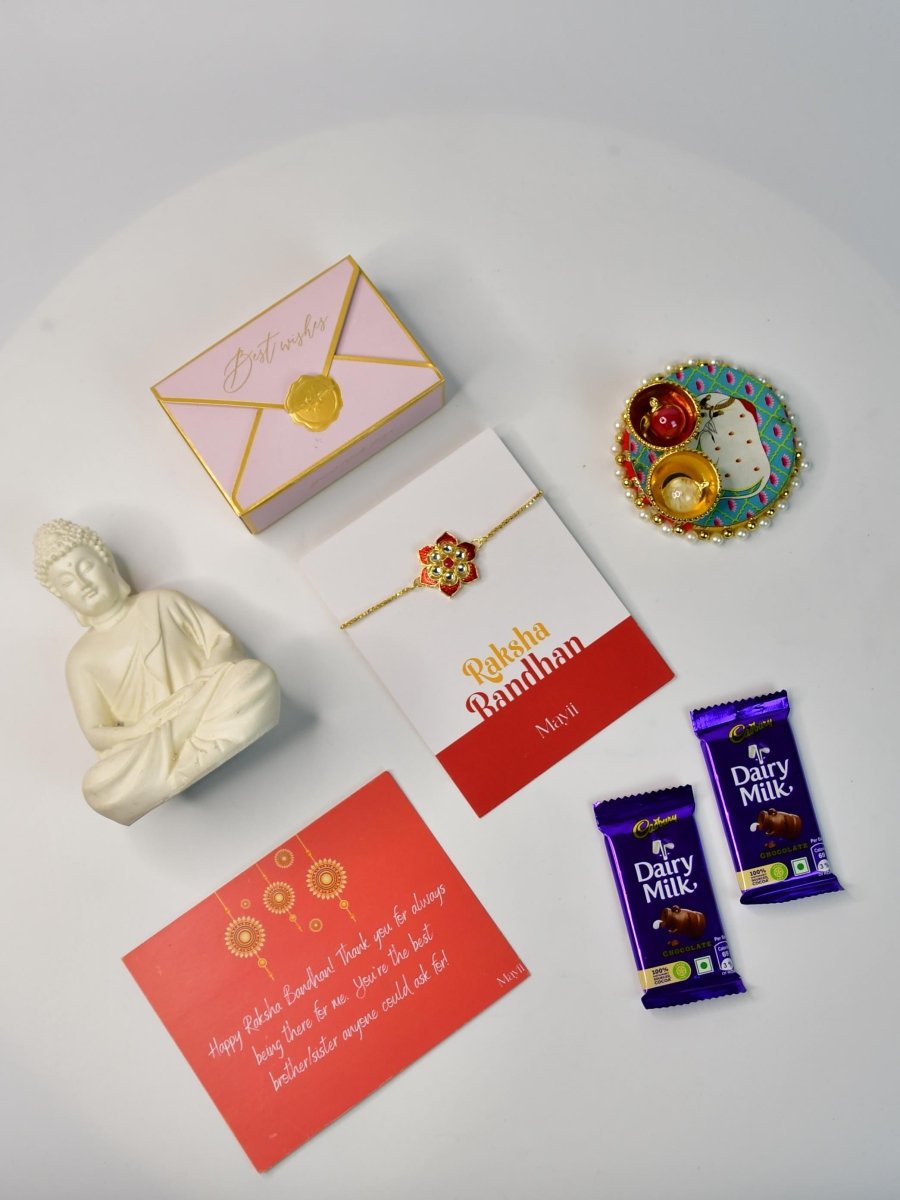 Sowpeace Exquisite Red Flower Rakhi Pack of 1 with Roli Chawal Thali, Chocolates, Buddha and Greeting card combo for Raksha Bandhan and Gifting