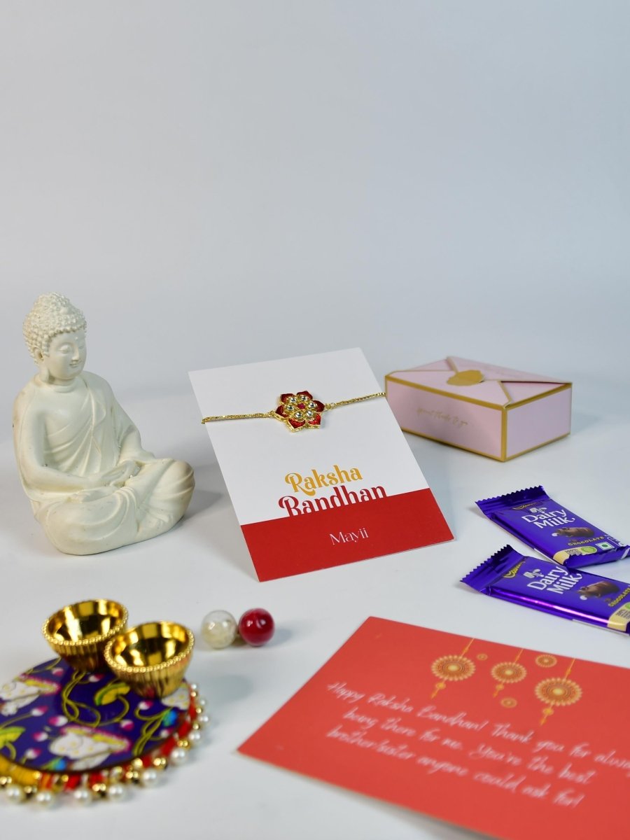 Sowpeace Exquisite Red Flower Rakhi Pack of 1 with Roli Chawal Thali, Chocolates, Buddha and Greeting card combo for Raksha Bandhan and Gifting