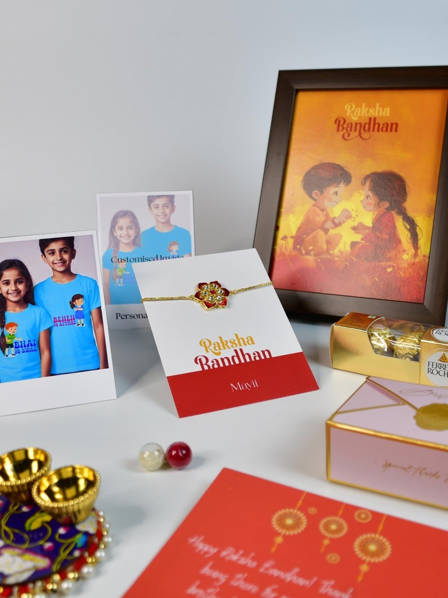 Sowpeace Exquisite Red Flower Rakhi Pack of 1 with Roli Chawal Thali, Chocolates, Photo Frame, Poloroids and Greeting card combo for Raksha Bandhan and Gifting - Rakhi - Sowpeace - Default Title - RAK - RDFL - HND - P7 - Sowpeace