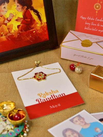 Sowpeace Exquisite Red Flower Rakhi Pack of 1 with Roli Chawal Thali, Chocolates, Photo Frame, Poloroids and Greeting card combo for Raksha Bandhan and Gifting