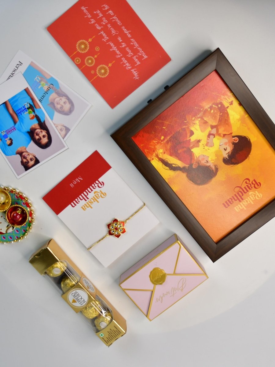 Sowpeace Exquisite Red Flower Rakhi Pack of 1 with Roli Chawal Thali, Chocolates, Photo Frame, Poloroids and Greeting card combo for Raksha Bandhan and Gifting