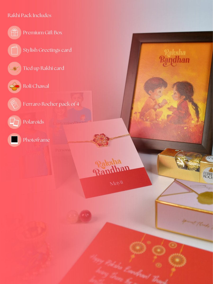 Sowpeace Exquisite Red Flower Rakhi Pack of 1 with Roli Chawal Thali, Chocolates, Photo Frame, Poloroids and Greeting card combo for Raksha Bandhan and Gifting