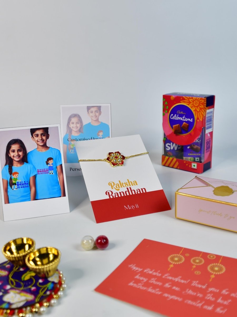 Sowpeace Exquisite Red Flower Rakhi Pack of 1 with Roli Chawal Thali, Chocolates, Poloroids and Greeting card combo for Raksha Bandhan and Gifting - Rakhi - Sowpeace - Default Title - RAK - RDFL - HND - P5 - Sowpeace