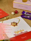 Sowpeace Exquisite Red Flower Rakhi Pack of 1 with Roli Chawal Thali, two Chocolates, and Greeting card combo for Raksha Bandhan and Gifting - Rakhi - Sowpeace - Sowpeace Exquisite Red Flower Rakhi Pack of 1 with Roli Chawal Thali, two Chocolates, and Greeting card combo for Raksha Bandhan and Gifting - RAK - RDFL - HND - P2 - Sowpeace