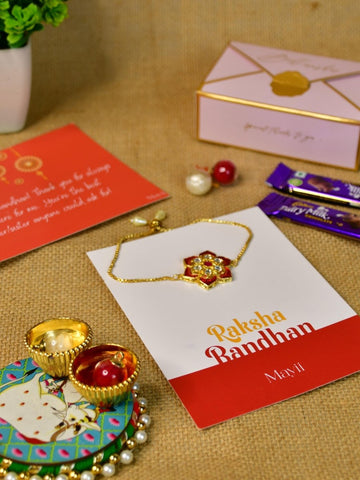 Sowpeace Exquisite Red Flower Rakhi Pack of 1 with Roli Chawal Thali, two Chocolates, and Greeting card combo for Raksha Bandhan and Gifting - Rakhi - Sowpeace - Default Title - RAK - RDFL - HND - P2 - Sowpeace