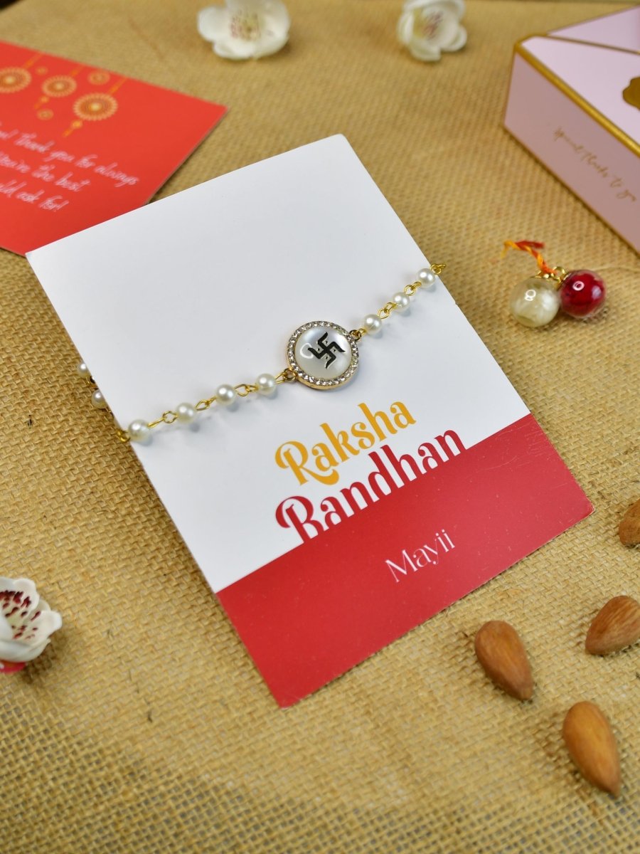 Sowpeace Exquisite Swastik Rakhi Pack of 1 with Roli Chawal and Greeting card combo for Raksha Bandhan and Gifting