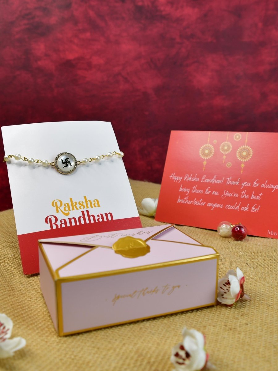 Sowpeace Exquisite Swastik Rakhi Pack of 1 with Roli Chawal and Greeting card combo for Raksha Bandhan and Gifting