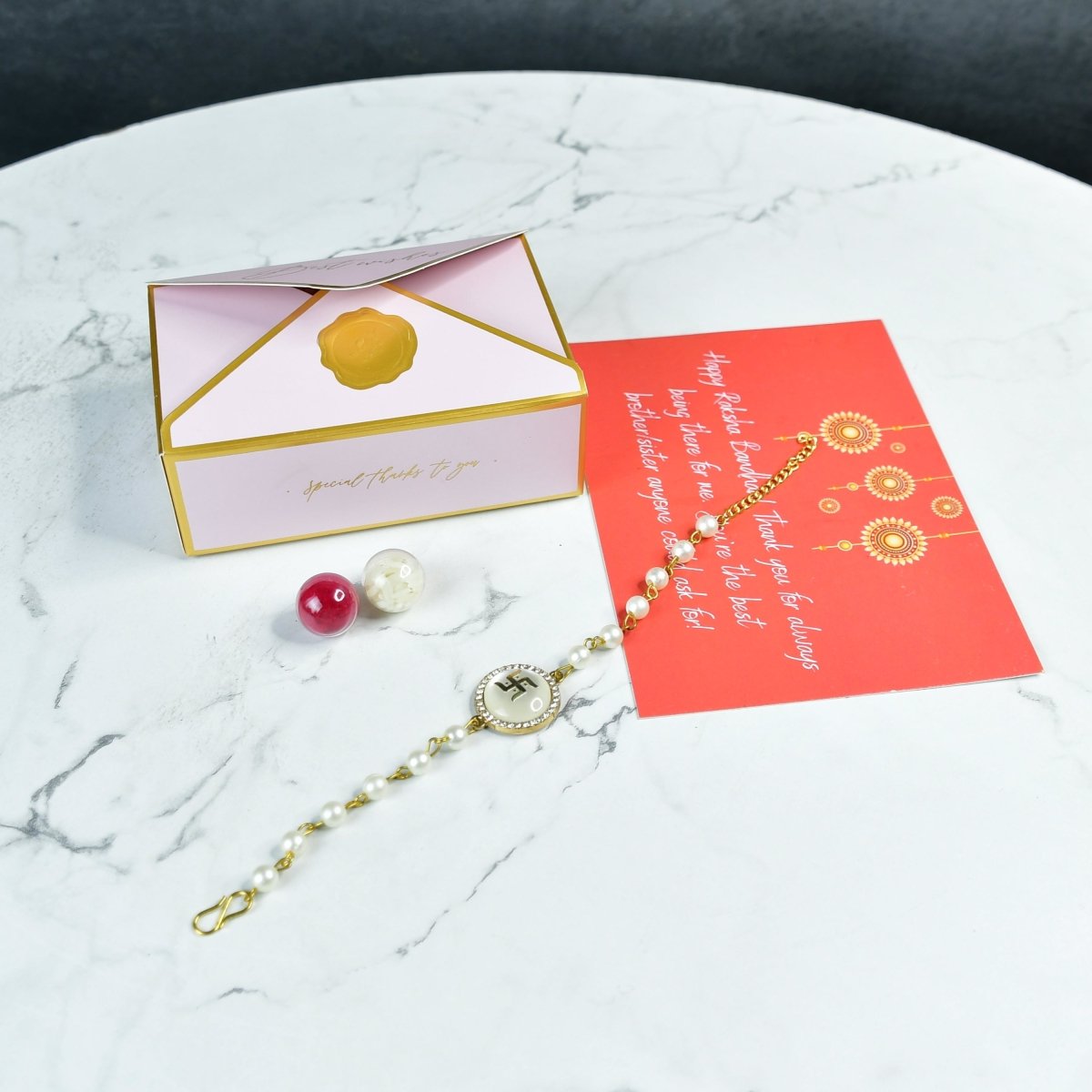 Sowpeace Exquisite Swastik Rakhi Pack of 1 with Roli Chawal and Greeting card combo for Raksha Bandhan and Gifting