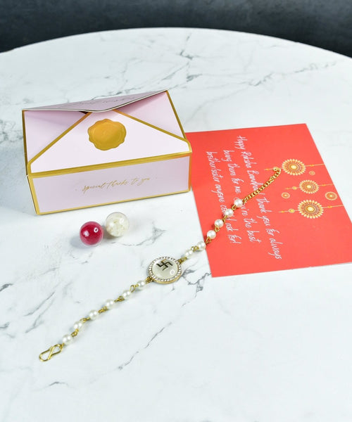 Sowpeace Exquisite Swastik Rakhi Pack of 1 with Roli Chawal and Greeting card combo for Raksha Bandhan and Gifting