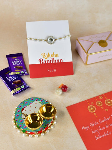 Sowpeace Exquisite Swastik Rakhi Pack of 1 with Roli Chawal Thali, Chocolates, and Greeting card combo for Raksha Bandhan and Gifting - Rakhi - Sowpeace - Default Title - RAK - STK - HND - P3 - Sowpeace