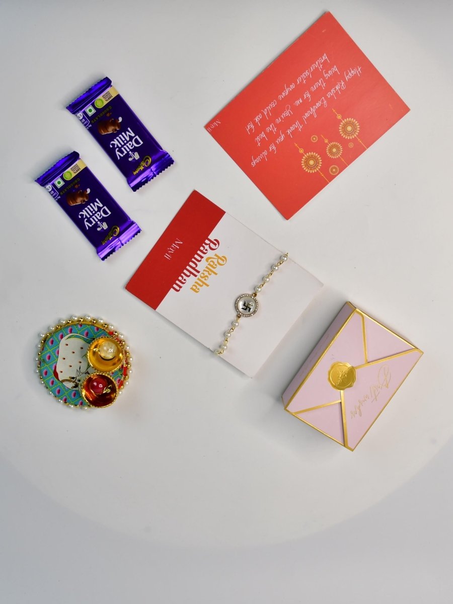 Sowpeace Exquisite Swastik Rakhi Pack of 1 with Roli Chawal Thali, Chocolates, and Greeting card combo for Raksha Bandhan and Gifting - Rakhi - Sowpeace - Default Title - RAK - STK - HND - P3 - Sowpeace